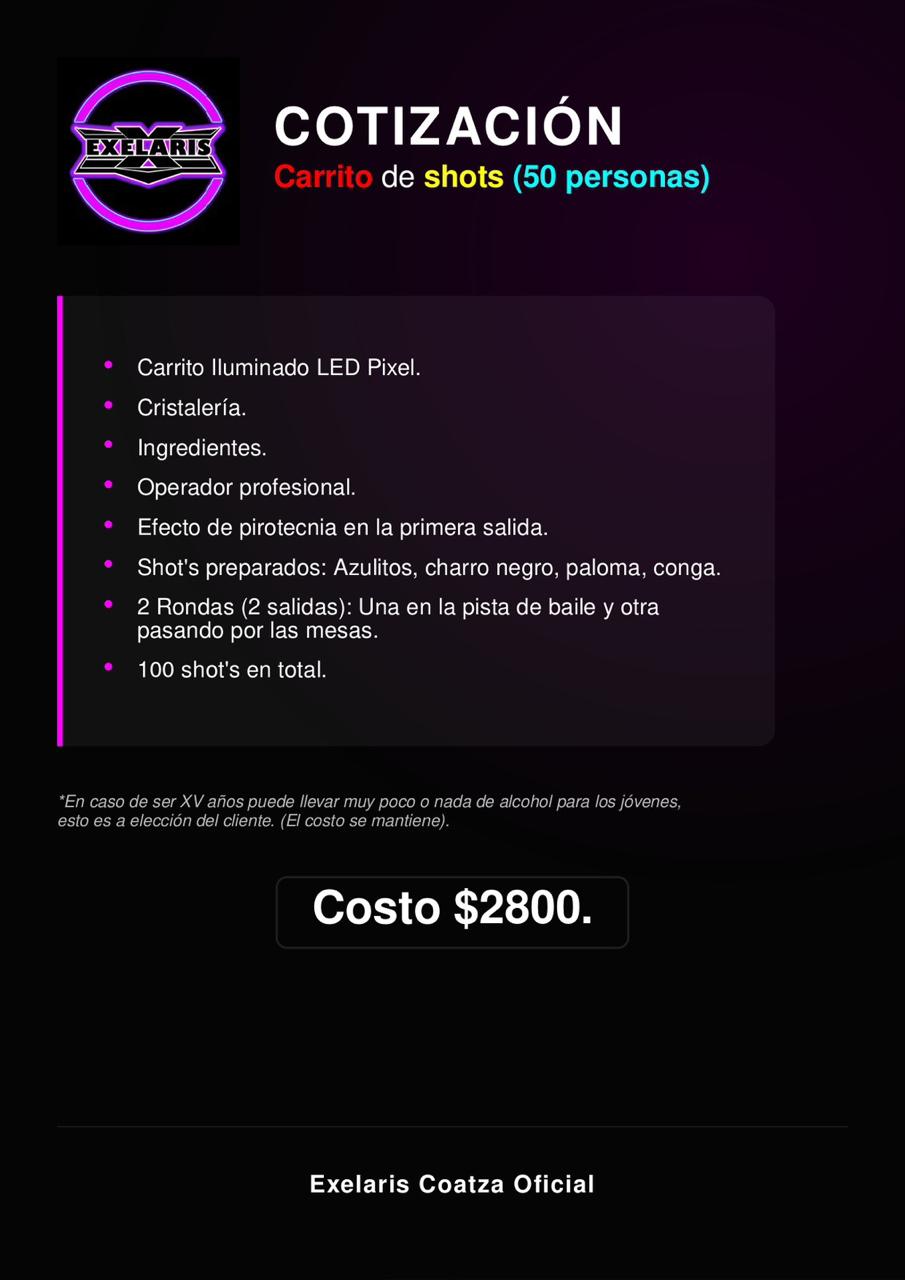 Cartel de carrito de shots para 50 personas